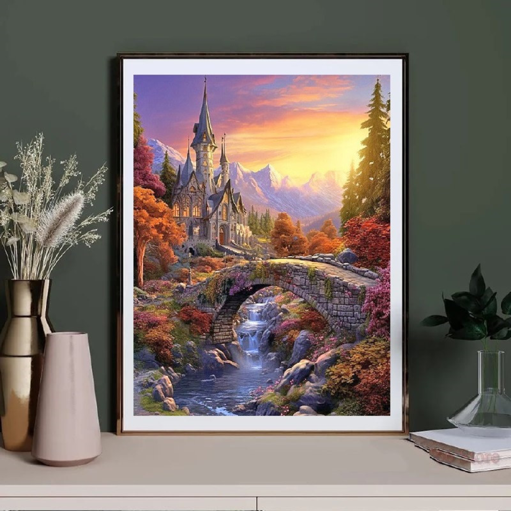 Алмазна мозаїка “Пейзаж, замок“ 40*50см голограмні квадратні алмази