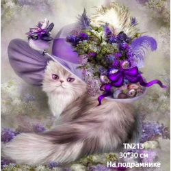Кошка в шляпке 30/30 Алмазная мозаика на подрамнике квадратные алмазы